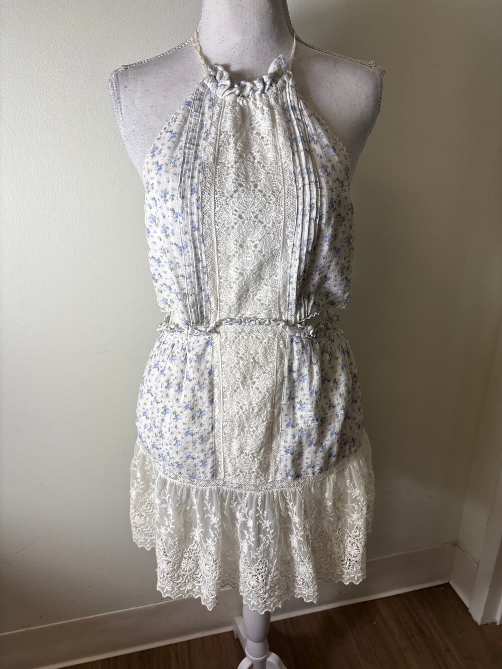 Love Shack Fancy Blue Floral Side Backless Cotton Dress Sz M